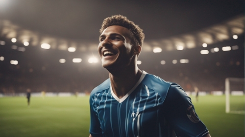A satisfied-looking footballer in a blue polo shirt