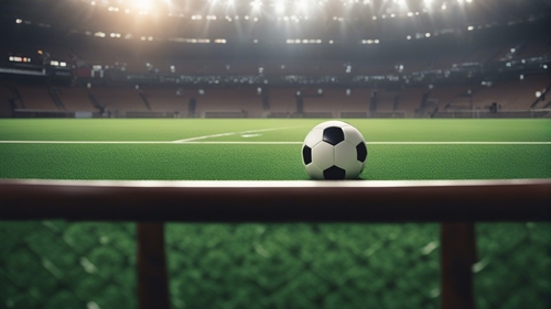 An empty football pitch, with a ball in the foreground