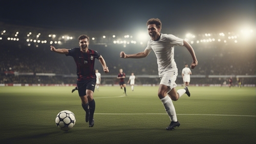 Two footballers in the foreground chasing a ball