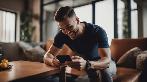 A man sitting on his sofa betting on his phone